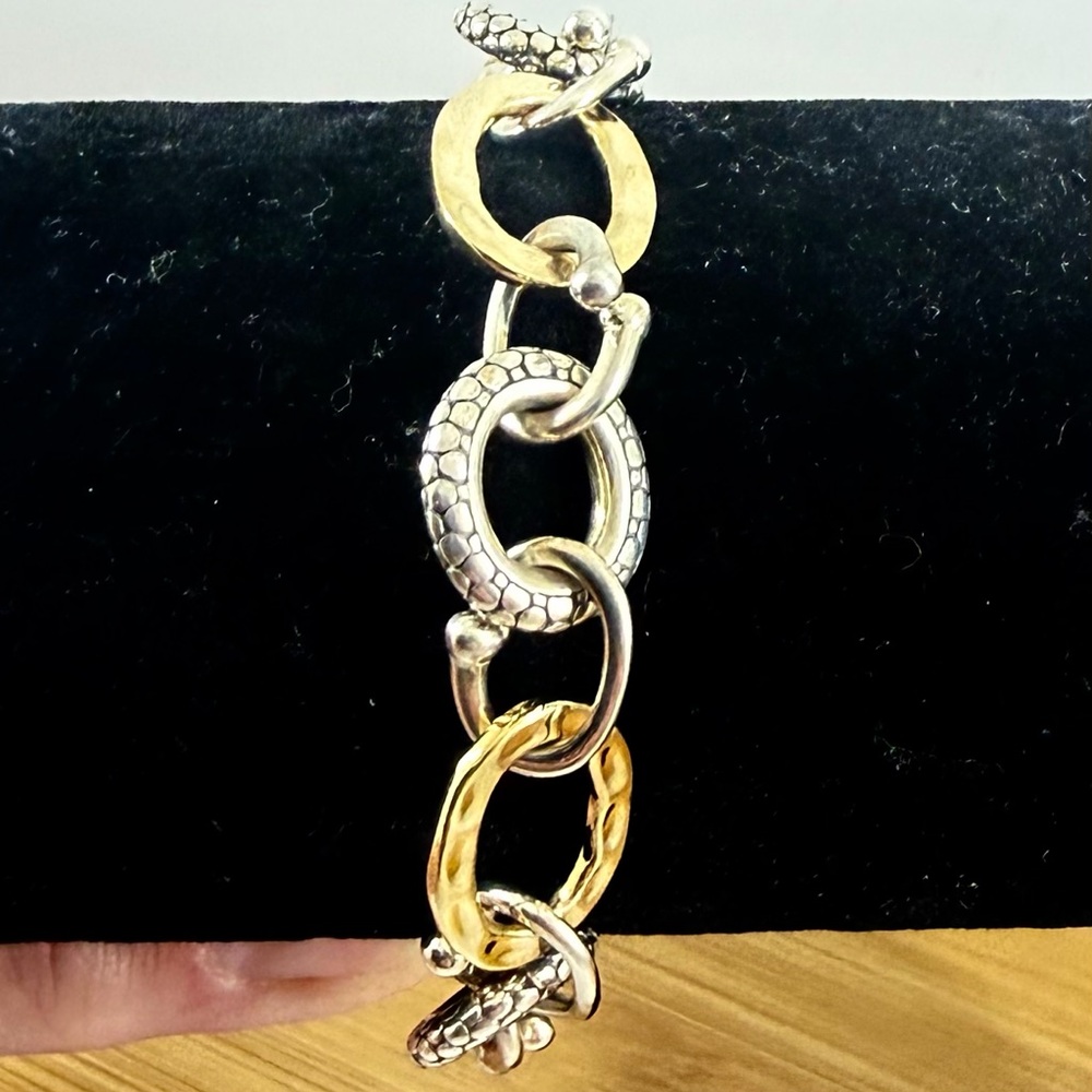 MICHAEL DAWKINS Sterling Silver Brass Hammer Link Popcorn Caviar Toggle Bracelet